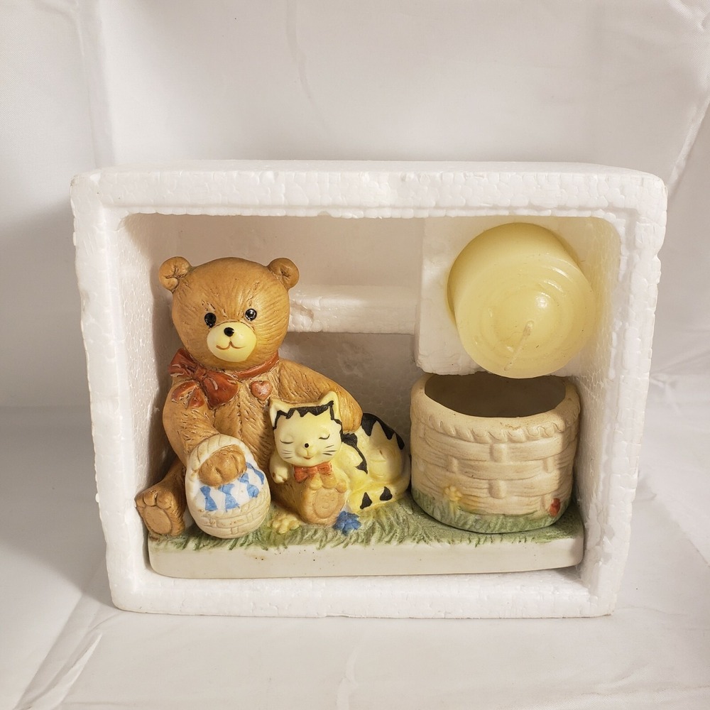 Vintage WA R.O.C. Bisque Porcelain Bear & Cat Figurine Votive Candle Holder 1985
